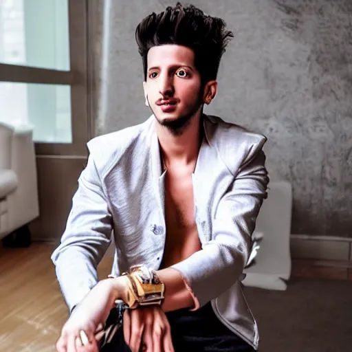 Image similar to a realistic detailed photo of a guy who is an attractive humanoid who is half robot and half humanoid, who is a male android, singer sebastian yatra, shiny skin, posing like a statue, blank stare, in a living room, on display, showing off his muscles