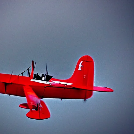 Image similar to Red biplane flying through a hurricane, lightning in the background.