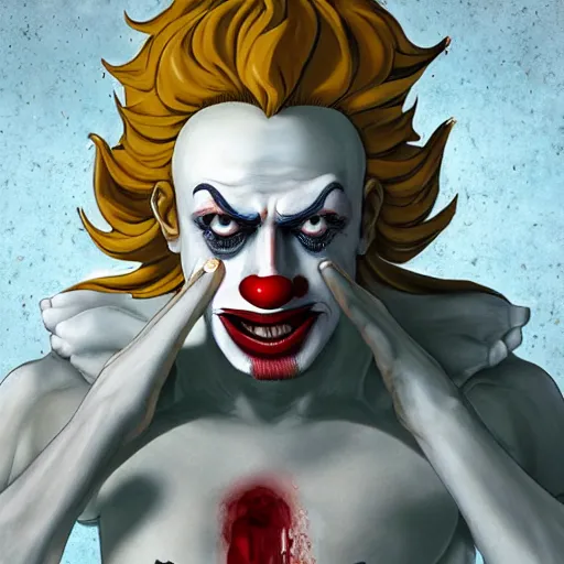 Image similar to 4K headshot of godlike clown with clown nose and defined arms and open hands and bloody clothes with giant mandala wings , intricate runny clown face make-up , flawless anime cel animation by Kentaro Miura, psychedelic , highly detailed upper body , professionally post-processed , beautiful, scary, symmetry accurate features, epic, octane rendered, anime masterpiece, accurate