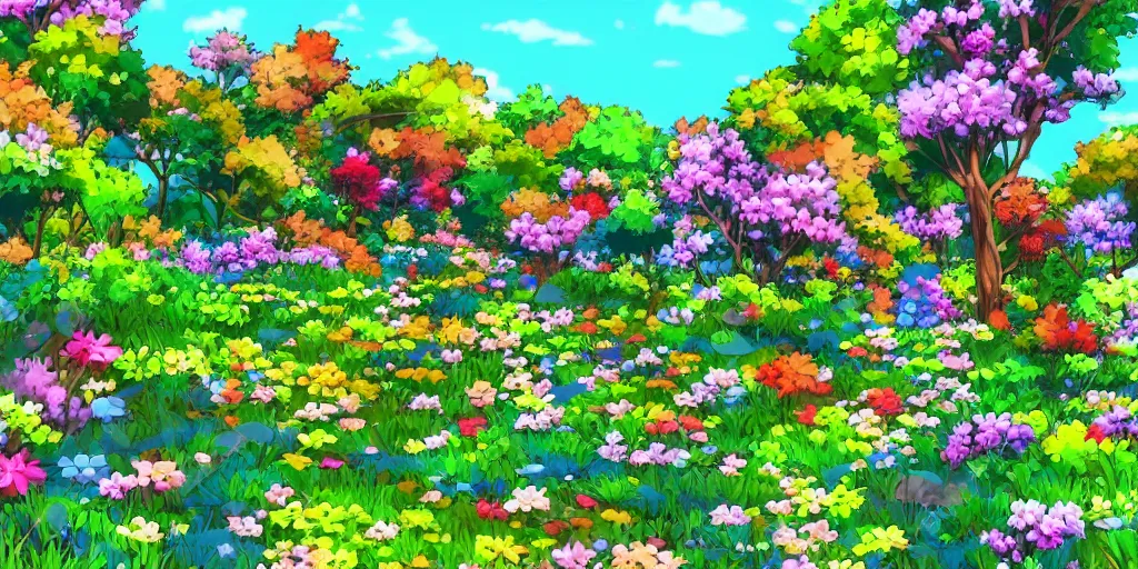 Image similar to a !!!!beautiful landscape of multi coloured flowers, trees and bushes. Anime style.