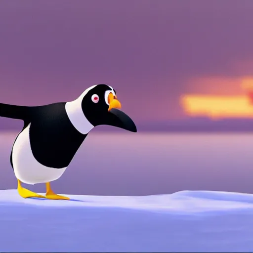 Prompt: film still of a pixar film of a communist penguin escaping russia