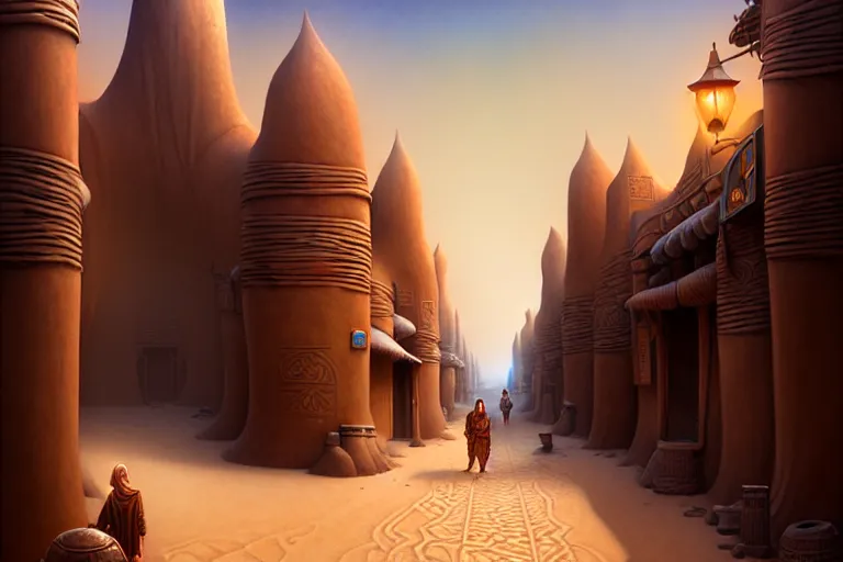 Prompt: a highly detailed bazaar street in the dune city of tyr from the land of athas, amazing dark sun digital painting, by gerald brom, brom digital art, intricate details, ultra realistic, beautiful art, volumetric lighting, warm colors advance cool colors recede, by brom, trending cgsociety, artstation, rim lighting, 8 k