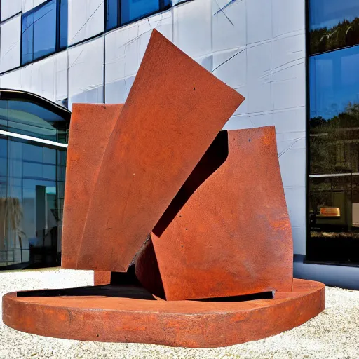 Image similar to a photorealistic abstract design of an sculpture built on corten steel in style of eduardo chillida, jorge oteiza, agustin ibarrola