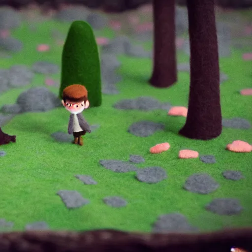 Prompt: Over the Garden Wall, greg and wirt are lost in the forest, scene made of felt and wool, claymation