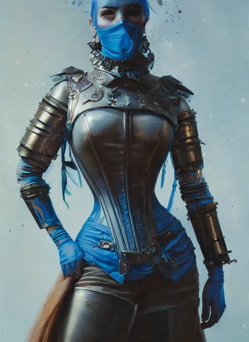 Prompt: portrait of medieval swedish woman wearing cerulean power armor with steel overbust corset. intricate painting by ross tran, magali villeneuve, and jeremy mann.