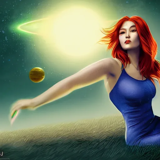 Prompt: a full body portrait of a beautiful tattooed redhead woman sitting, carrying a laser gun, a planet in the background. blue tight dress, light iridescent hair color, long windy hair style, fantasy, realistic, intricate, sharp focus, lens flare, bloom, rim light, illustration, highly detailed, digital painting, concept art, matte, art by ruan jia