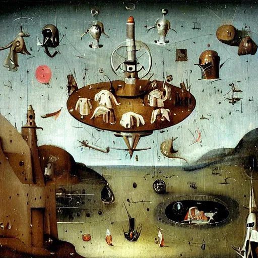 Prompt: robotic dreams of the world beyond, painted by hieronymus bosch
