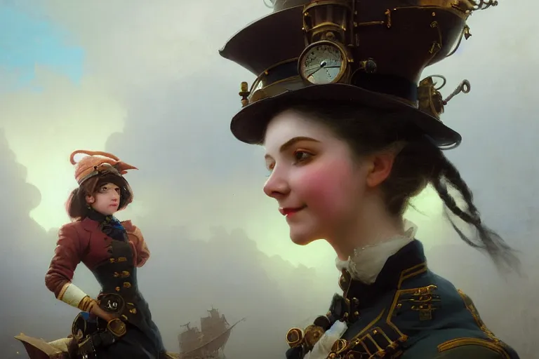 Prompt: Steampunk girl, portrait, smiling, painting by Ivan Aivazovsky and Greg Rutkowski, artstation, fantasy, intricate, beautiful, cinematic, octane render, arnold render, 8k, hyper realism, detailed, sharp focus, 4k uhd, masterpiece, award winning