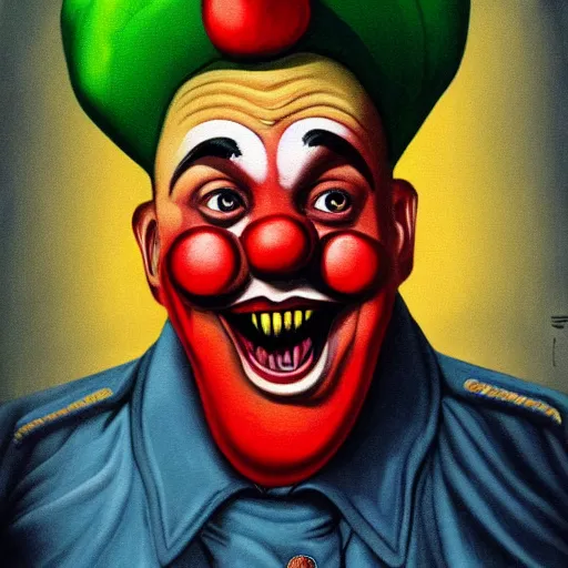 Image similar to communist clown painting, sovier propaganda style, hyper realistic portrait, very detailed line, vivid colors