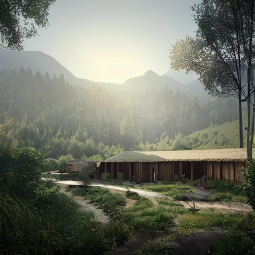 Image similar to ecovillage designed by olson kundig, day time, grand mountains and forest in the distance, farm and gardens, streams, white mist, sun in the sky, Cinematic, environment concept art, ethereal, ultra detailed, unreal engine style, cinematic light, trending in artstation, highly detailed, epic scene