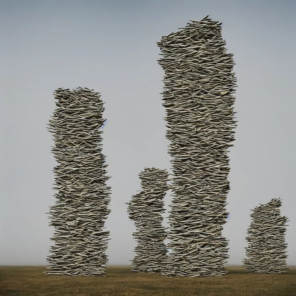 Image similar to intertwined high towers made up of stacked makeshift shelters, uniform plain sky, mamiya, very sharp, very detailed, pastel colours, photographed by cristina de middel