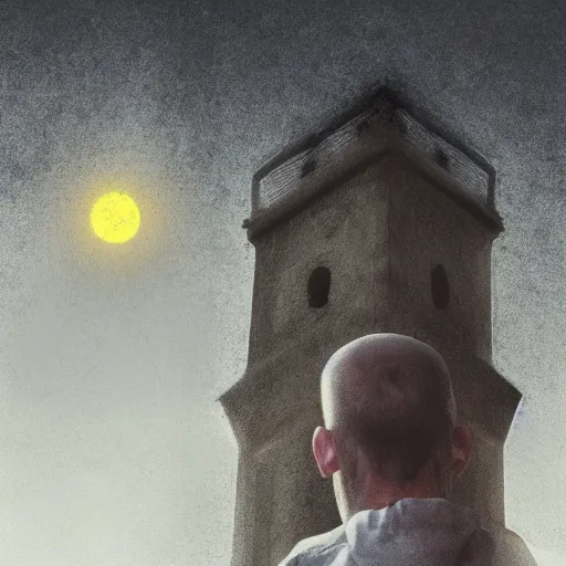 Prompt: Digital portrait of a terrified catholic priest in his thirties kneeled in fervent prayer at the top of a medieval tower. Looking up with eyes wide open with fear looking straight at the viewer. Dressed in white. An ominous yellow shadow is descending upon him from the night sky. Award-winning digital art, trending on ArtStation