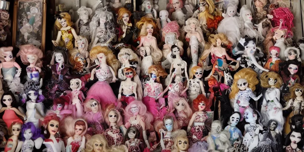 Image similar to drag queen ceramic doll collection in creepy attic