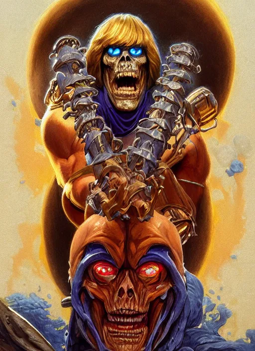 Prompt: portrait of He-man and Skeletor fused together in The Fly (1986), intricate, highly detailed, centered, digital painting, artstation, concept art, smooth, sharp focus, illustration, artgerm, donato giancola, Joseph Christian Leyendecker, WLOP, Artgerm
