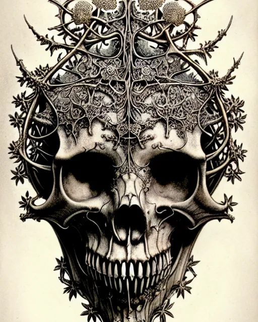 Image similar to art forms of nature by ernst haeckel, memento mori by arthur rackham, ornate antique porcelain beautiful skull mask, ultrasharp, photorealistic, hyperdetailed, octane render, polished, art nouveau, neo - gothic, gothic, intricate ornamental organic filigree, art nouveau botanicals, art forms of nature by ernst haeckel, horizontal symmetry, symbolist, visionary