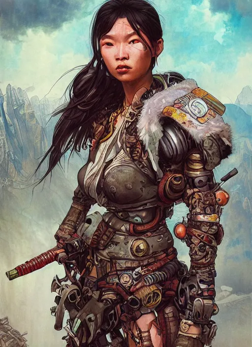 Image similar to hyper realistic photography portrait of postapocalyptic cyberpunk asian cyborg tribal warrior amazon cinematic, brom, mucha, moebius juan gimenez coachella cgsociety