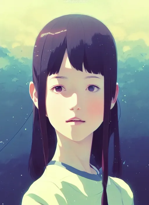 Image similar to portrait of a smiling girl by ilya kuvshinov, cloudy sky background lush landscape ln illustration concept art anime key visual trending pixiv by victo ngai fanbox by greg rutkowski makoto shinkai takashi takeuchi studio ghibli