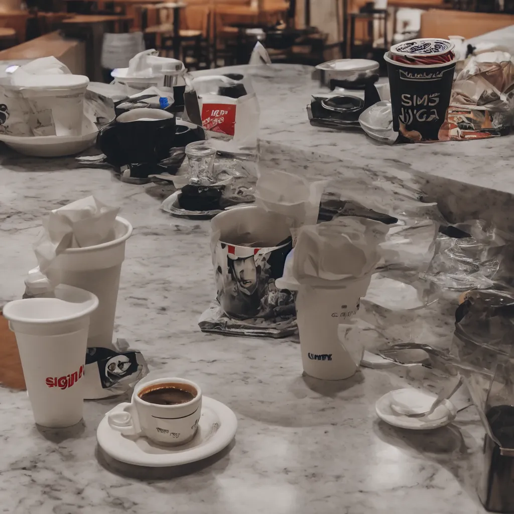 Prompt: a disposable coffee cup sitting on a diner counter, Sigma 24 mm f/8 – wider angle