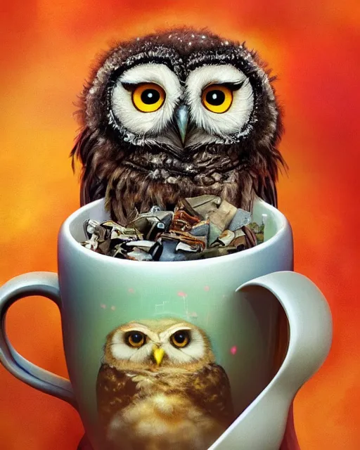 Prompt: long shot of a very cute owl chick nesting in a futuristic mug, esao andrews, humorous illustration, hyperrealistic, big depth of field, warm colors, whimsical cosmic night scenery, low light, 3 d octane render, 4 k, concept art, hyperdetailed, hyperrealistic, trending on artstation