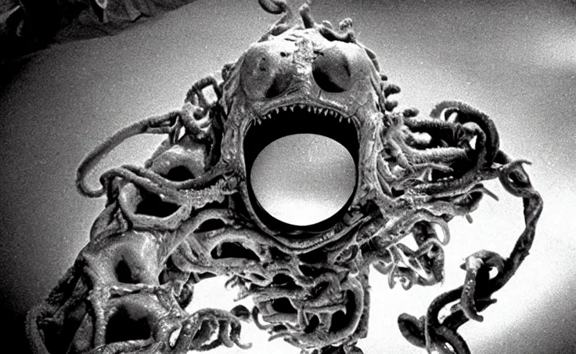 Image similar to scary filmic wide shot angle movie still 35mm film color photograph of a shape shifting horrific nightmarish abstract alien organism from The Thing 1982 spewing toxic spined tentacles made out of flesh strangling a doctor wearing a lab coat and surgical mask in the style of a horror film