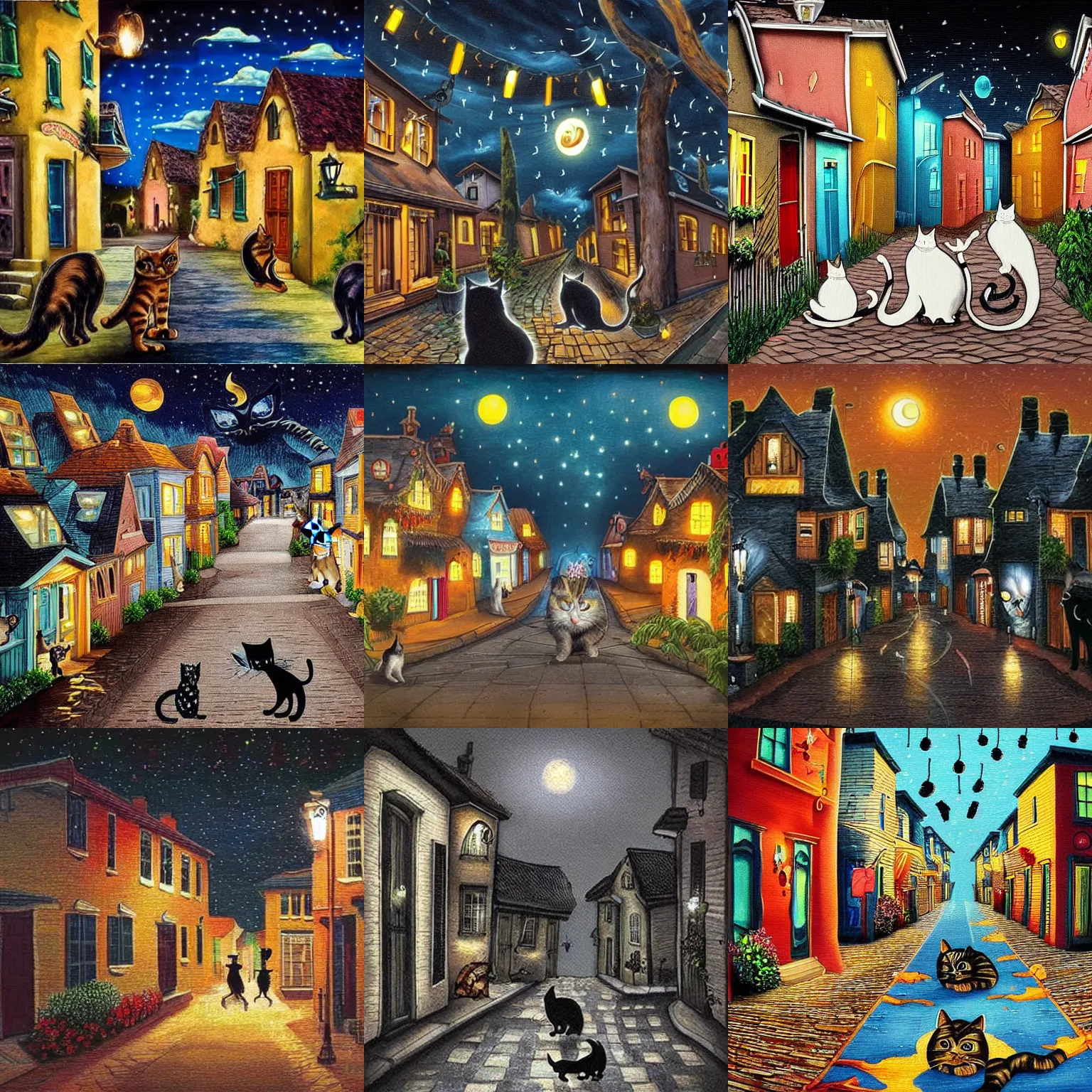 Prompt: a street at a dark night with cats festivities murals on all the houses