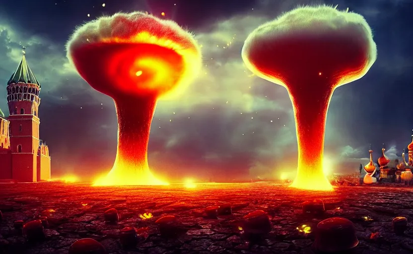 Prompt: nuclear explosion with realistic nuclear mushroom in Red Square Kremlin, beautiful dynamic lighting, cinematic shot, extremely high detail, photo realistic, cinematic lighting, post processed, artstation, matte painting, digital painting