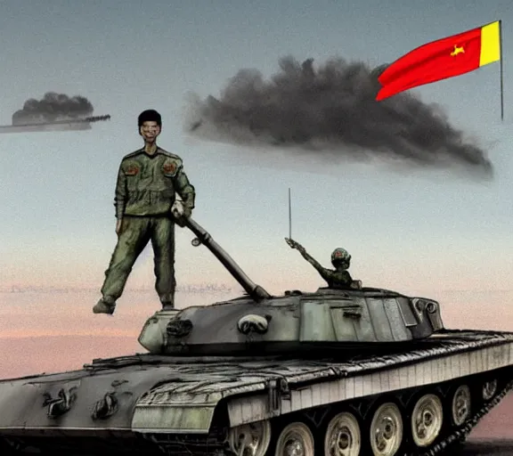 Image similar to photorealistic concept art of tiananmen square tank man standing in front of tank girl's tank, detailed