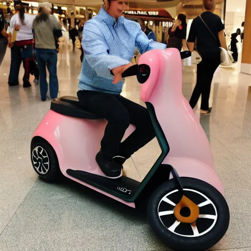 Image similar to photo of a anthropomorphic pig on a mobility scooter in a mall