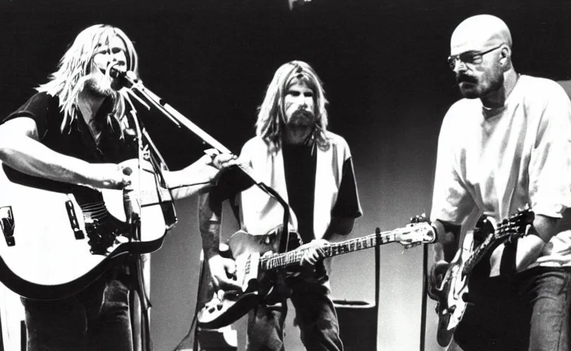 Image similar to kurt cobain and walter white performing on stage, 3 5 mm photograph, 1 9 9 4