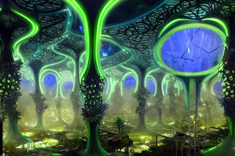 Image similar to futuristic foliage overgrowing detailed favela bioluminescence bunker hive, art nouveau environment, cathedral, award winning art, epic dreamlike fantasy landscape, ultra realistic,