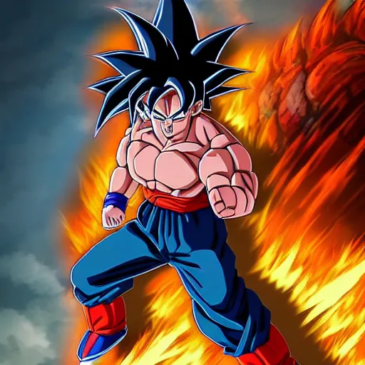 Image similar to Full body anime portrait of Goku fused with Godzilla from Dragon Ball Z, detailed, artstation, by Kyoto Animation and Studio Ghibli and GAINAX