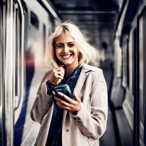 Prompt: blonde woman leaning out of train with a mobile phone in her hand and smiling, cinematic lightning, studio quality, 4 k