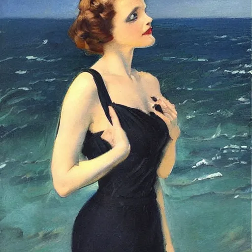 Image similar to woman in black dress, sea behind, pretty face, part dean cornwell style, part leyendecker style,