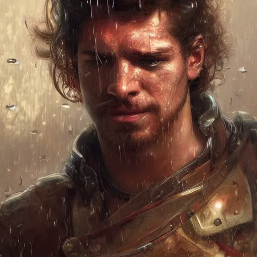 Prompt: portrait of a male warrior bruised and bleeding, raining, lightning strike in background, intricate, headshot, highly detailed, digital painting, artstation, concept art, sharp focus, cinematic lighting, illustration, art by artgerm and greg rutkowski, alphonse mucha, cgsociety