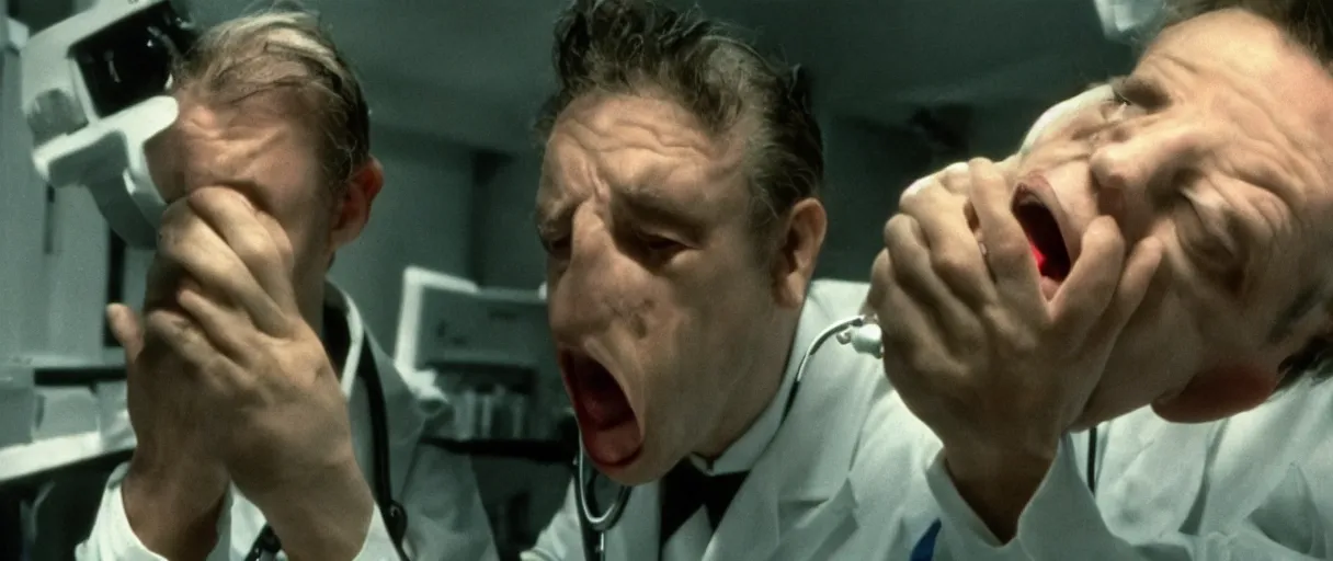 Prompt: filmic dutch angle movie still 4 k uhd 3 5 mm film color photograph of a screaming horrified doctor looking down at his hand is bitten by a re - animated specimen