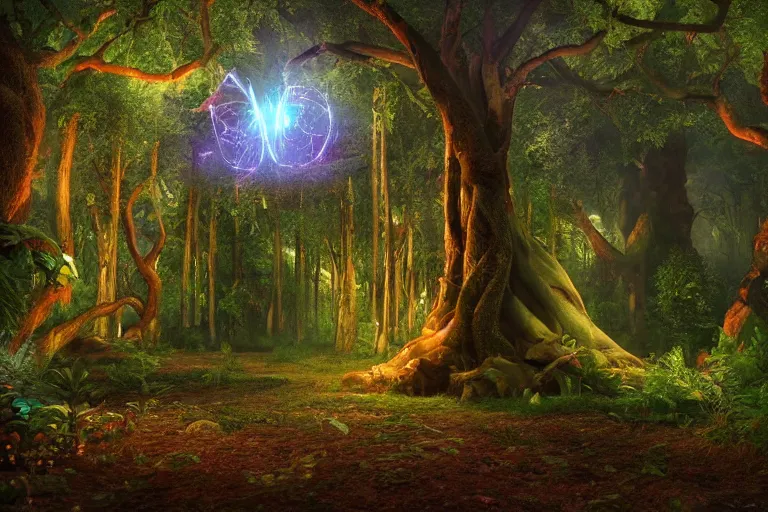 Image similar to A beautiful enchanted forest. There is a cosmic portal. Cinematic lighting. Photorealism.