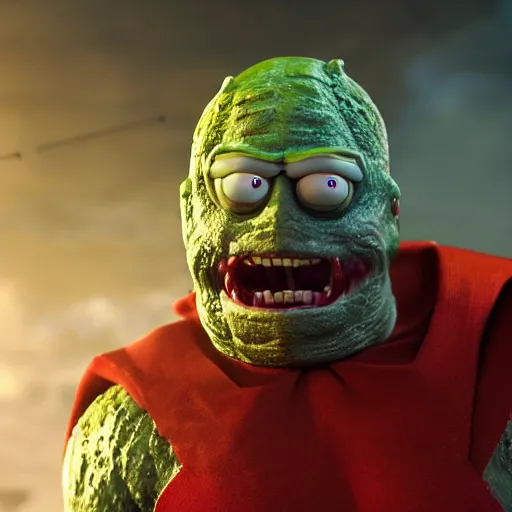 Image similar to pickle rick as superman! in gears of war, splash art, movie still, detailed face, photorealistic facial features, cinematic lighting, dramatic, octane render, long lens, shallow depth of field, bokeh, anamorphic lens flare, 8 k, hyper detailed, 3 5 mm film grain