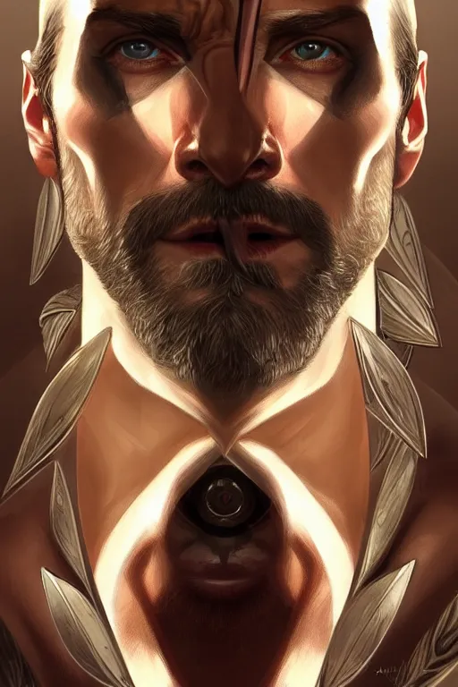 Image similar to symmetry!! portrait of hugh jackman in the boys in the style of god of war, machine parts embedded into face, intricate, elegant, highly detailed, digital painting, artstation, concept art, smooth, sharp focus, illustration, art by artgerm and greg rutkowski and alphonse mucha, 8 k