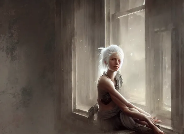 Image similar to beautiful girl warrior with white hair sitting next to a window, digital art, painting, by yoshitaka amano and greg rutkowski, octane render, expressive oil painting