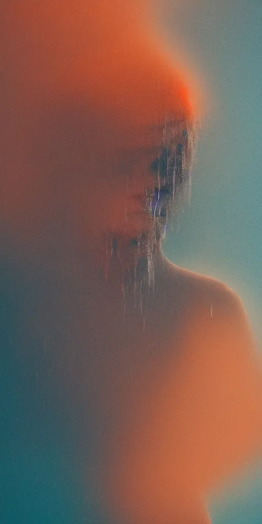 Prompt: a blurry closeup picture, skin, dripping wet, no face, macro photography, long exposure photograph, surrealism, anamorphic bokeh, cozy, soft light, cyan and orange, caustic, atmospheric fog, octane render, cinematic