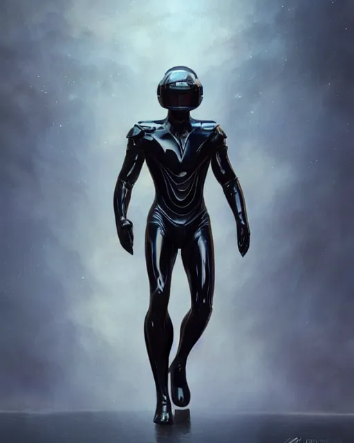 Image similar to iridescent sinewy smooth muscular male sleek glossy black pearlescent scifi armor with smooth black featureless helmet, by greg rutkowski, mark brookes, jim burns, tom bagshaw, magali villeneuve, eve ventrue, neil nelson thedarkestseason, trending on artstation