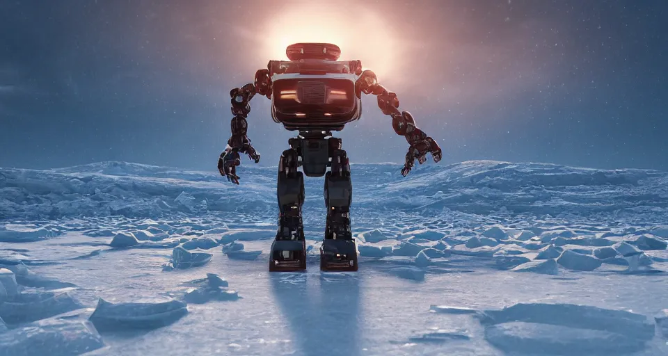 Image similar to huge robot standing in a vast, icy landscape, snow, severe weather, sunset, atmospheric, by artgerm, yoshitaka amano, 8 k, octane render, unreal engine