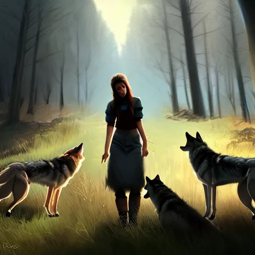 Image similar to a pretty girl petting a pack of wolves, in the woods, digital painting, photorealistic, in the style of greg rutkowski, full body, detailed face, unreal engine, 4 k