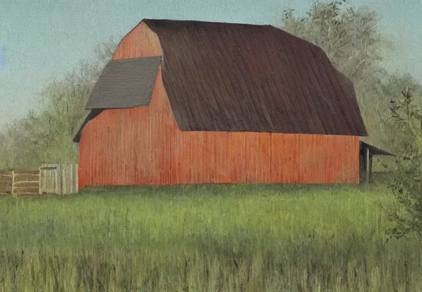 Image similar to a painting in the style of h. r. gieger of a barnhouse with a sheet metal roof