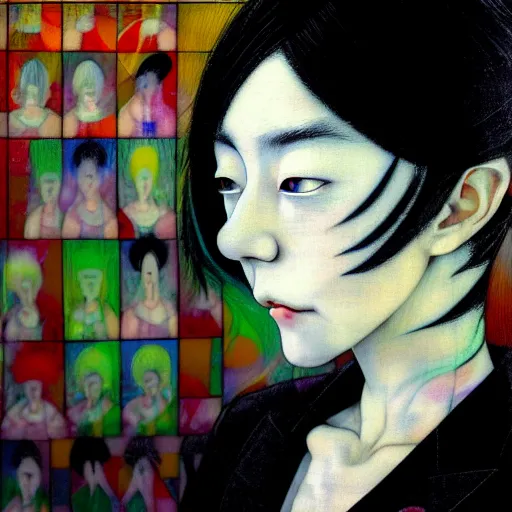 Image similar to yoshitaka amano blurred and dreamy realistic three quarter angle portrait of a woman with white hair and black eyes wearing dress suit with tie, junji ito abstract patterns in the background, satoshi kon anime, noisy film grain effect, highly detailed, renaissance oil painting, weird portrait angle, blurred lost edges