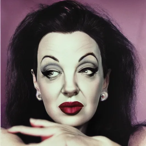 Image similar to a colour photographic portrait of a hybrid of judy garland and lisa minelli and angelina jolie and kate bush, close up