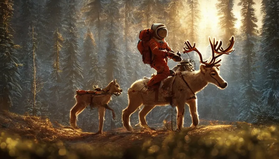 Image similar to american astronaut in the forest riding a reindeer, objects well lit, plants environment, wide angle, cinematic lighting, atmospheric, realistic, octane render, highly detailed, color graded, in the style of craig mullins