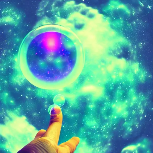 Prompt: a human hand holding a bunch of soap bubbles in a cosmic space full of stars and clouds, volumetric light, green and yellow colors, digital art, artstation