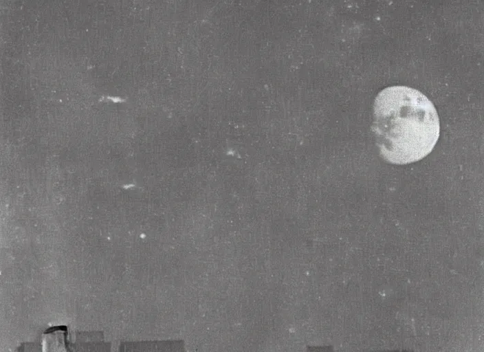 Image similar to vintage photo still of the moon!!!! exploding!!!! exploding moon moon explosion fragments on one side moon explosion over new york city in the 1 9 2 0 s, black and white, weathered, edge vignette