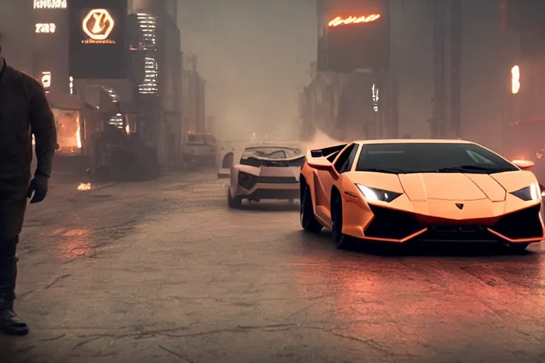 Image similar to A cinematic film still of a Lamborghini in the movie Blade Runner: 2049.